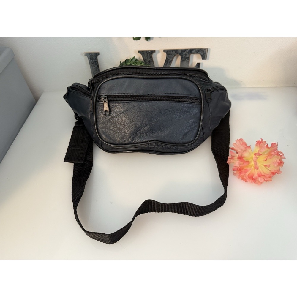 Vintage 1980s Fanny Pack Black Multi Pocket Leather Zipper Waist Pack Utility